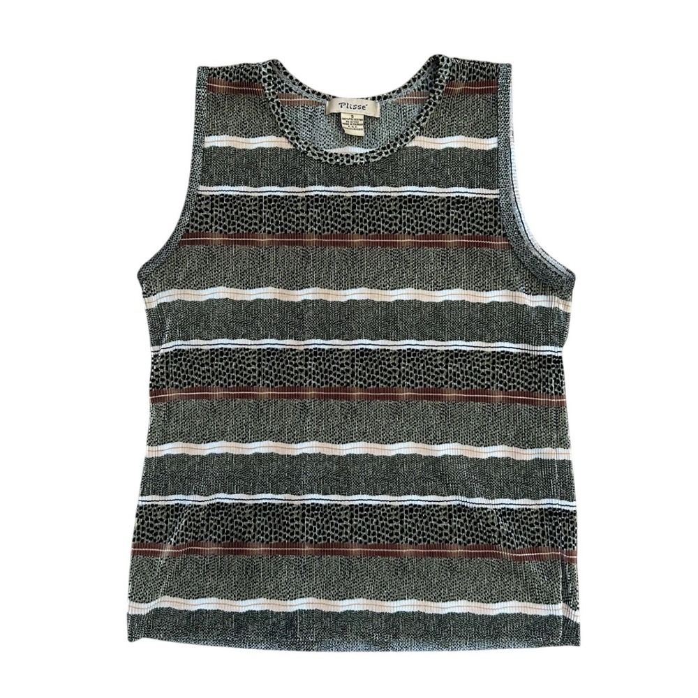 Vintage Plisse animal print Sleeveless Tank Top Green Brown Striped Knit y2k S